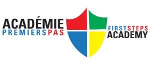 Logo for Garderie Académie Premiers Pas - First Steps Academy Daycare, featuring a shield with blue, yellow, green, and red quadrants.