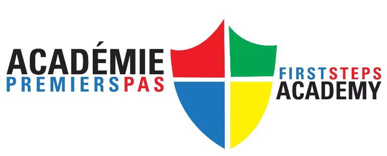 Logo for Garderie Académie Premiers Pas / First Steps Academy Daycare featuring a shield divided into four colored sections: red, green, blue, and yellow. Text is in French and English.